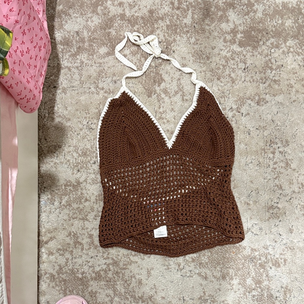 Edikted Brown Crochet Halter Top with Pink Logo Tag